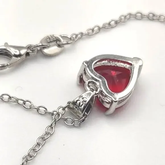 925 Sterling Silver Necklace Red Lab Ruby Heart Pendant Valentines Birthday Gift